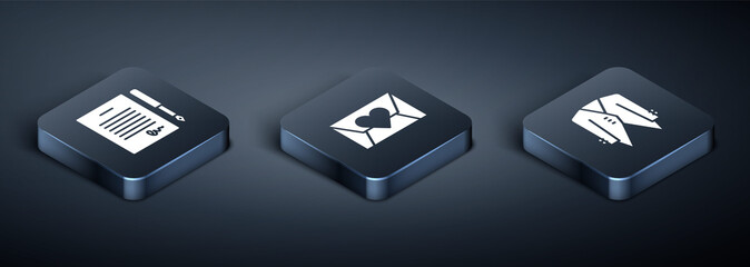 Set Isometric Marriage contract, Suit and Envelope with Valentine heart icon. Vector.