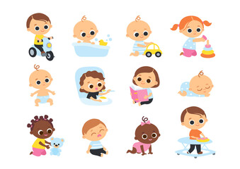 Big set of baby toddlers in various poses, different nationalities, cartoon characters. Babies playing with toys.