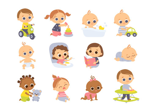 Big set of baby toddlers in various poses, different nationalities, cartoon characters. Babies playing with toys.
