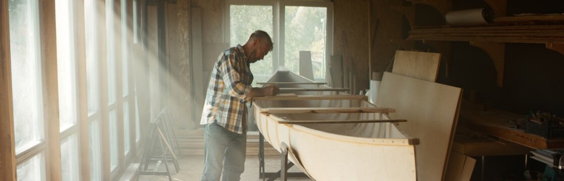 Caucasian male using measure tape while building a canoe in his workshop. Boat making hobby, small business owner
