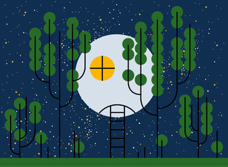 Futuristic cabin house in the forest in the night