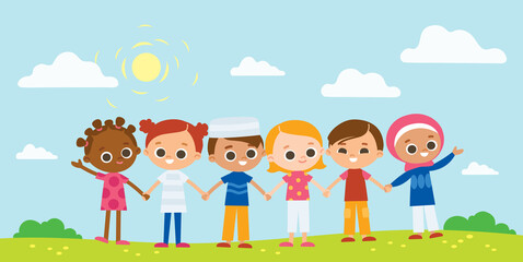 Obraz na płótnie Canvas Happy kids holding hands. International Children's Day. Summer background with children.
