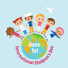 Happy children holding hands with globe. International Children's Day. Greeting card.