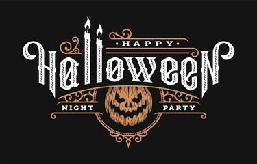 Halloween night, vintage style emblem on a dark background. Vector illustration.