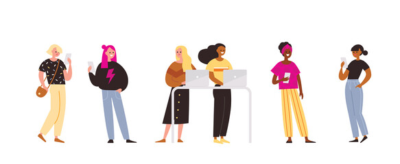 Set of 6 six women with gadgets, hold smartphones, type on notebooks.