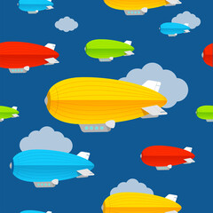 Cartoon Color Dirigible Seamless Pattern Background. Vector
