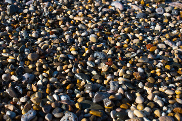 Colorful sea stones. Sea pebble / stones background/ beach rocks. Colorful summer background. Top view. Pebble in the blue water. Wet beautiful stones. Summer background. Copy space.