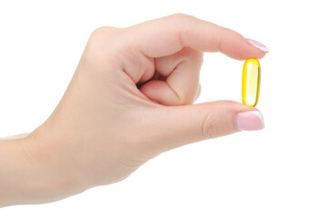 Hand holding vitamins Fish Oil Omega on white background isolation