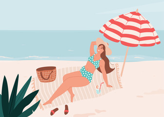 Smiling body positive woman lie on litter under striped umbrella. Summer time vector illustration. Sea holiday concept concept design with beach element cocktail, flip-flops, bag