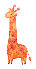 Watercolor cute giraff is hand drawn isolated illustration. Perfect for nursery room designe, poster, card, sticker, kids party decor