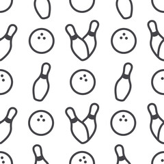 Fototapeta premium Seamless bowling vector pattern. Bowling pins with ball icon. Sport background. Sport background. Bowling backdrop. Wrapping paper. Vector icon. 