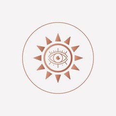 Abstract outline Sun or moon with Eye. Minimalistic round Icon. Astrology esoteric mystic concept. Elegant geometric design. Trendy Vector illustration. Pink gold style. Simple design. Logo template