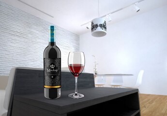 Wine Bottle and Glass Mockup with Room Scene