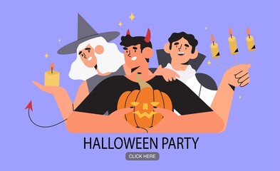 Vector illustration of group of happy people in costumes of witch, devil and vampire celebrate halloween with pumpkin. Concept of halloween party with cartoon characters for banner, web page, flyer.