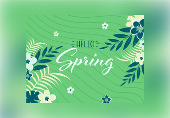 Flowers and Tropical Leaves Decorated on Green Wavy Stripe Background