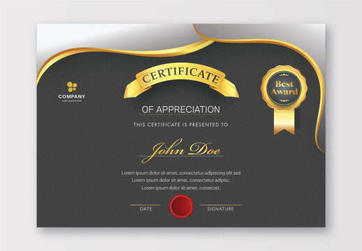 Appreciation Certificate Layout with Badge Design in Black and Golden Color