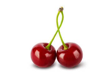Two red cherries isolated on white background with clipping path.