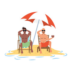 interracial men relaxing on the beach seated in chairs and umbrella