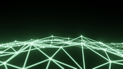  Abstract 3D technology visualization. Futuristic computer technology. Complex Visual information . Neon light buds data threads plot. Tech analytics representation.

