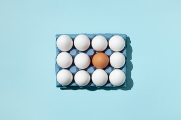 Top view of single brown and white eggs placed in paper tray demonstrating concept of difference on blue background in studio