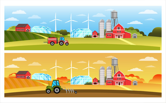 Organic farm vector landscape set with tractor, field, hills, wind turbine, barn, village houses. Autumn and spring countryside rural illustrations in flat style. Farmland eco concept with sky, plow