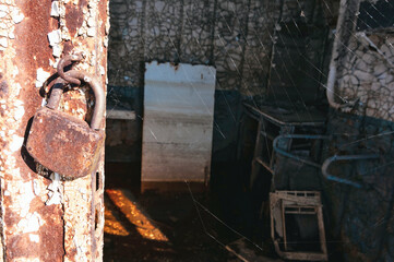 Abandoned sunken Barges Boats On River Pripyat in Chernobyl exclusion Zone. Chernobyl Nuclear Power...
