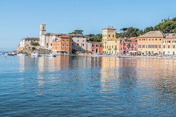 The beach of Silence in Sestri Levante with many colored houses
