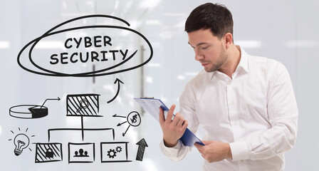 Business, technology, internet and network concept. Young businessman thinks over the steps for successful growth: Cyber security