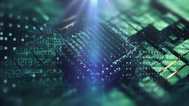 Development and research virtual artificial intelligence computing of smart digital data information technology CPU process 3D video animation