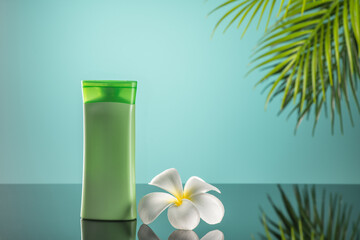 Obraz na płótnie Canvas Cosmetic product ads on blue clear background with splash water and plumeria in illustration