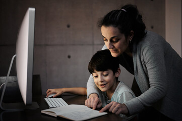Side view of young woman explaining study task to positive son sitting at table with computer and textbook during online lesson at home