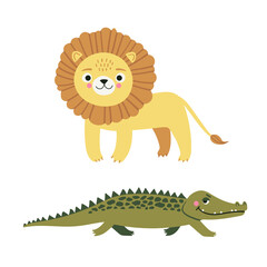 Set of wild exotic animals living in savannah or tropical jungle. Vector illustration isolated on white background.