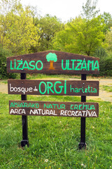 Lizaso, Navarra / Spain - April 28, 2018: "Bosque de Orgi" (Orgi Forest) sign at the entrance of the park in the Valley of Ultzama