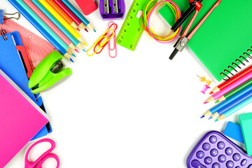 School supplies arched frame. Top view isolated on a white background with copy space. Back to school concept.