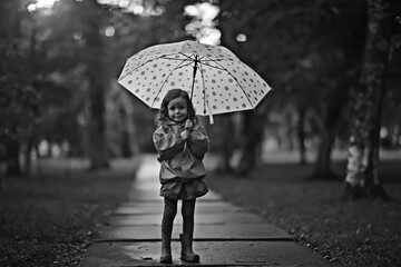 little girl with an umbrella / small child, rainy autumn walk, wet weather child with an umbrella