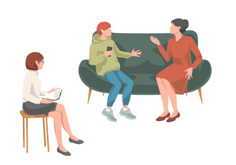 Family psychotherapy collection. Women and teenager boy sitting on sofa and talking to psychotherapist or psychologist.