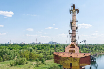 Abandoned dock cranes in Prypiat, Chernobyl exclusion Zone. Chernobyl Nuclear Power Plant Zone of...