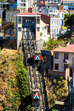 VALPARAISO, CHILE - FEBRUARY 15, 2016: Colorful buildings on the hills of the UNESCO World Heritage city of Valparaiso, Chile