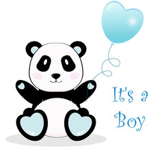 Cute panda bear boy with balloon. It's a boy. Vector cartoon illustration.