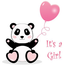 Cute panda bear girl with balloon. It's a girl. Vector  cartoon illustration.