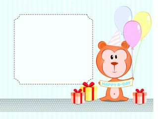 Ilustracao de convite de aniversario infantil, em branco, cha de bebe, urso, baloes, presente, crianca