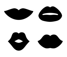 Different black women lips icons set isolated on white background. Silhouettes kiss Vector illustration