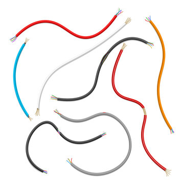 Cables multicolor ripped realistic set. Electrical conductors. Insulated building wire lengths.