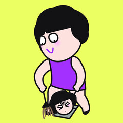 Girl Sweeping Her Grumpy Mood Head Into A Dustpan With Broom Concept Card Character illustration