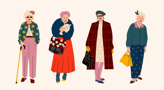 Senior confident Ladies. Different clothing and accessories. Old and mature women standing in trendy clothes. Modern fashion look. Hand drawn Vector illustration. Cartoon style. Every lady is isolated