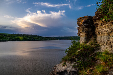 Dnister River Canyon. warm summer evening over the river.