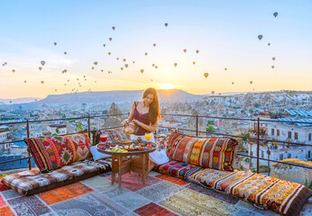 Breakfast on the roof with amazing view on Cappadocia, Turkey.