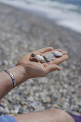 Male hand holding rocks from a spanish beach