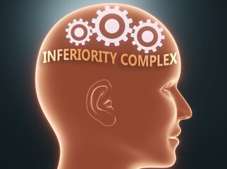 Inferiority complex inside human mind - pictured as word Inferiority complex inside a head with cogwheels to symbolize that Inferiority complex is what people may think about, 3d illustration