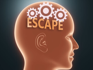 Escape inside human mind - pictured as word Escape inside a head with cogwheels to symbolize that Escape is what people may think about and that it affects their behavior, 3d illustration